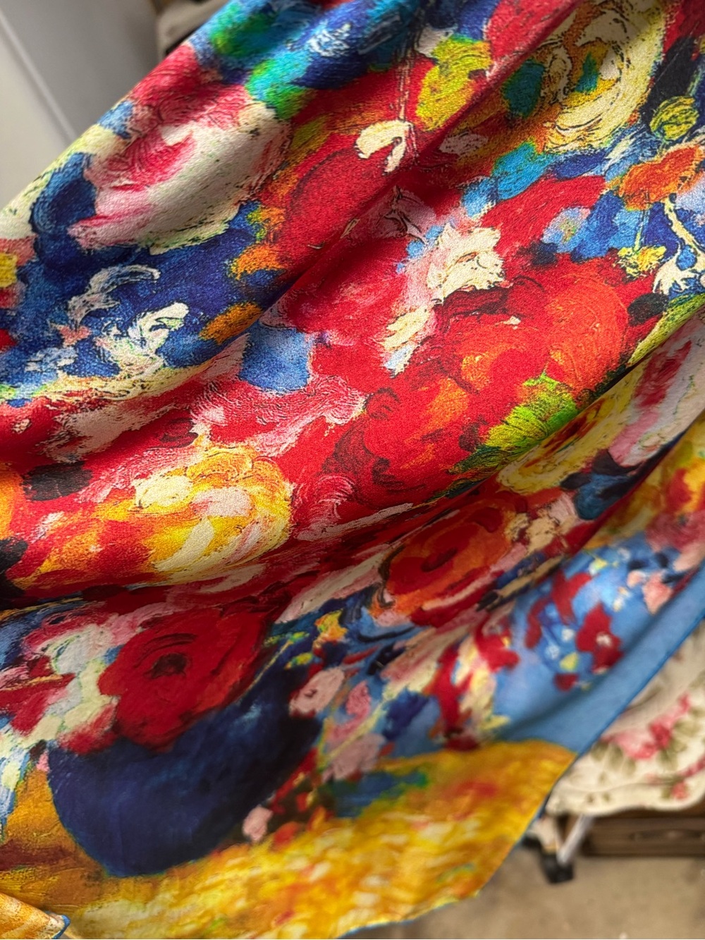 Colorful Floral Print Silk Scarf Wrap - Red, Blue & Multicolor